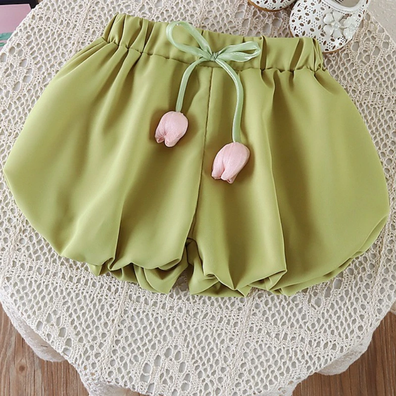 

Loose Flower Bud Shorts Summer 2025 New Bud Bloomers Girls Pants Casual Solid Color Beach Kid Clothes for 1-4 Yrs Baby Girls