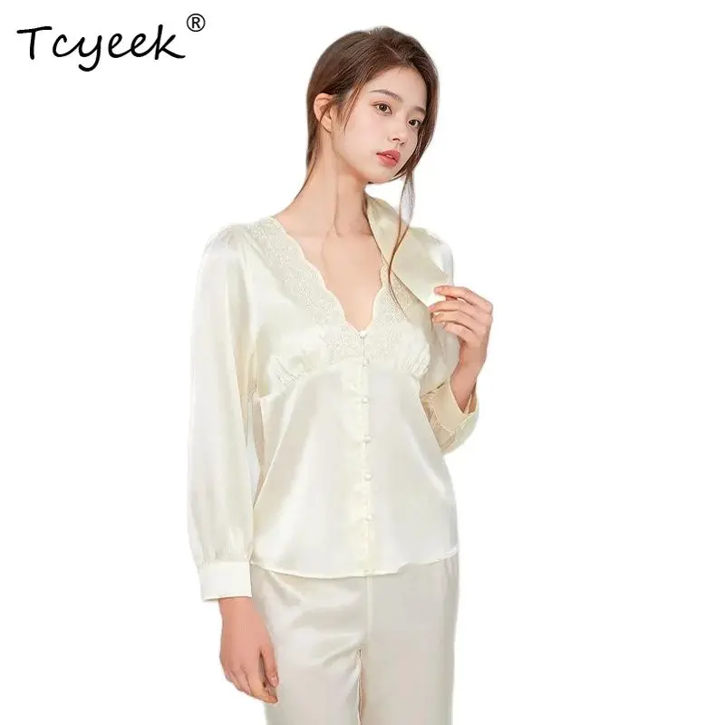 

Tcyeek, 16MM 100%Real Silk Pajama Set, Women Long Sleeve Pants Embroidery, French Sweet Homewear, 2024 Summer Fall S46124QC