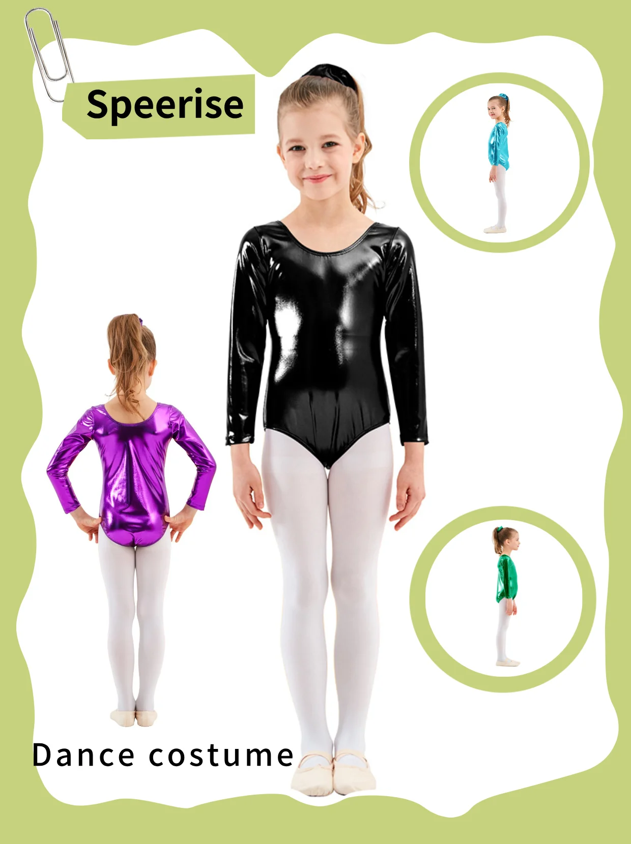 

Metallic Leotard for Kids - Long - sleeved Ballet Dance Practice with Shiny Spandex Coated Dance costume
