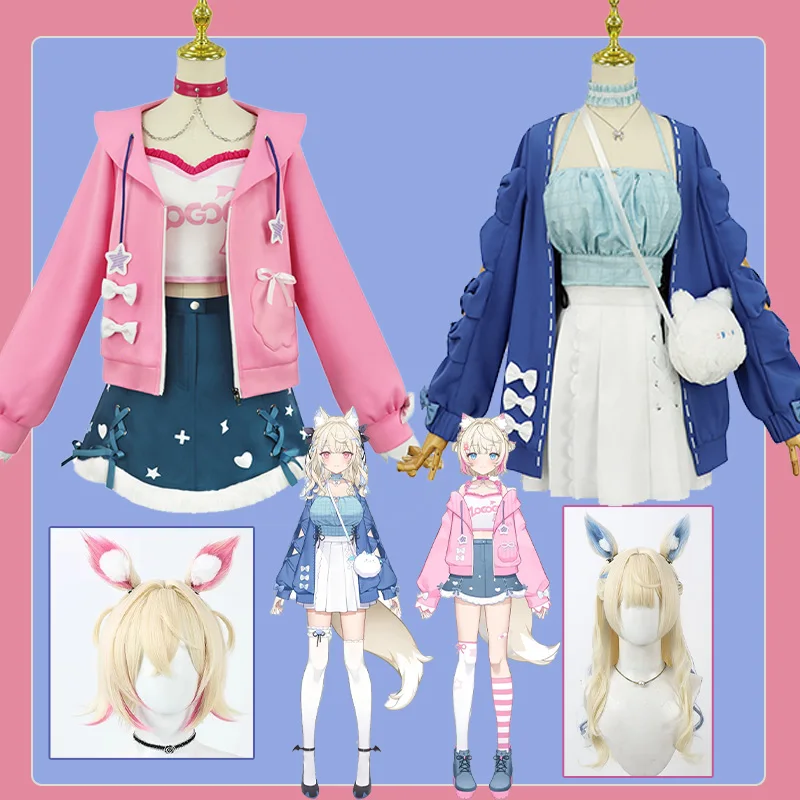 

Hololive EN Fuwawa Mococo Аниме Vtuber Косплей Костюм: Новый костюм Fuwa Moco, парик, праздничное платье и пальто, Acesgard