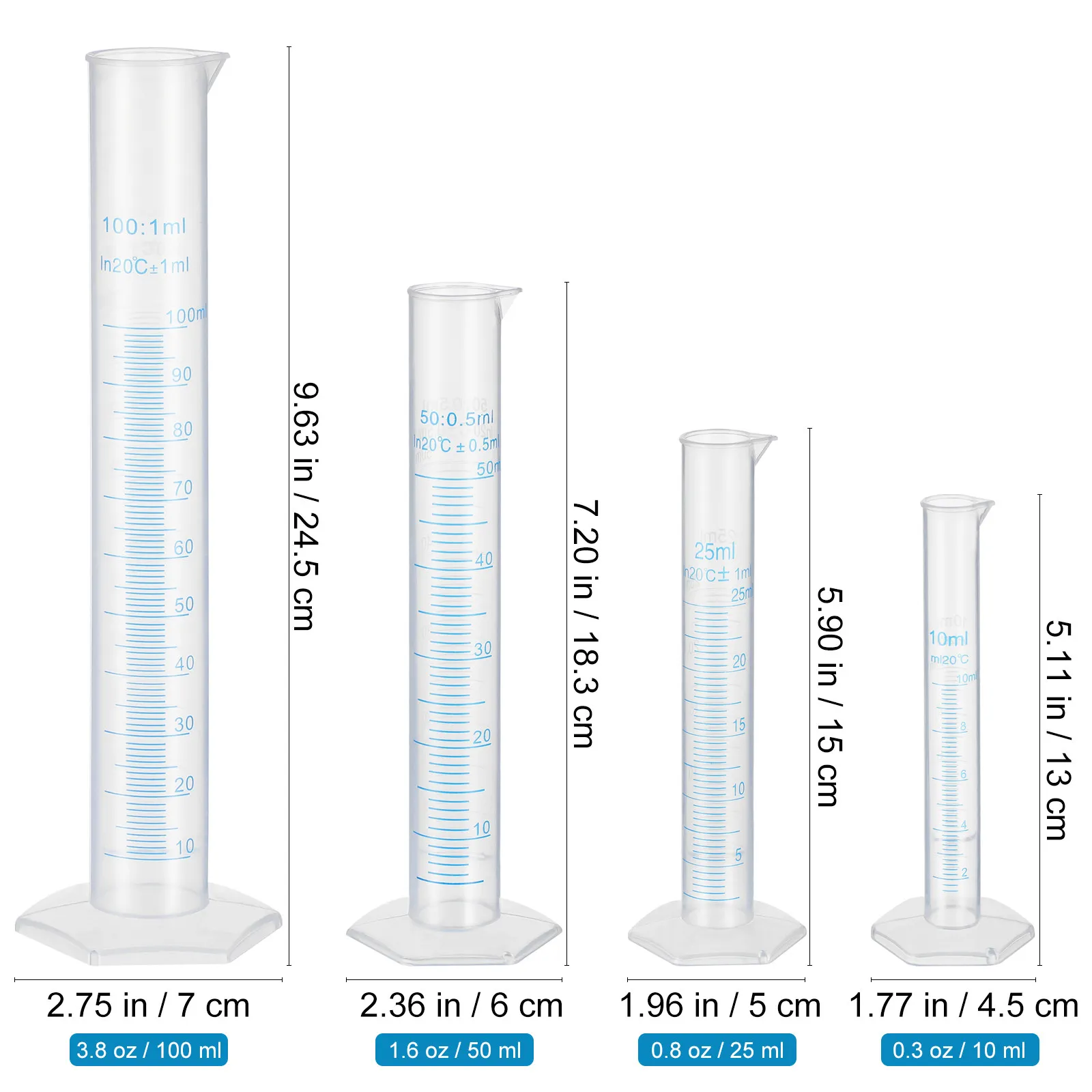 4Pcs Transparent Food-Grade Polypropylene Graduated Measuring Cylinders Set 10Ml 25Ml 50Ml 100Ml Lab Equipment Accurate