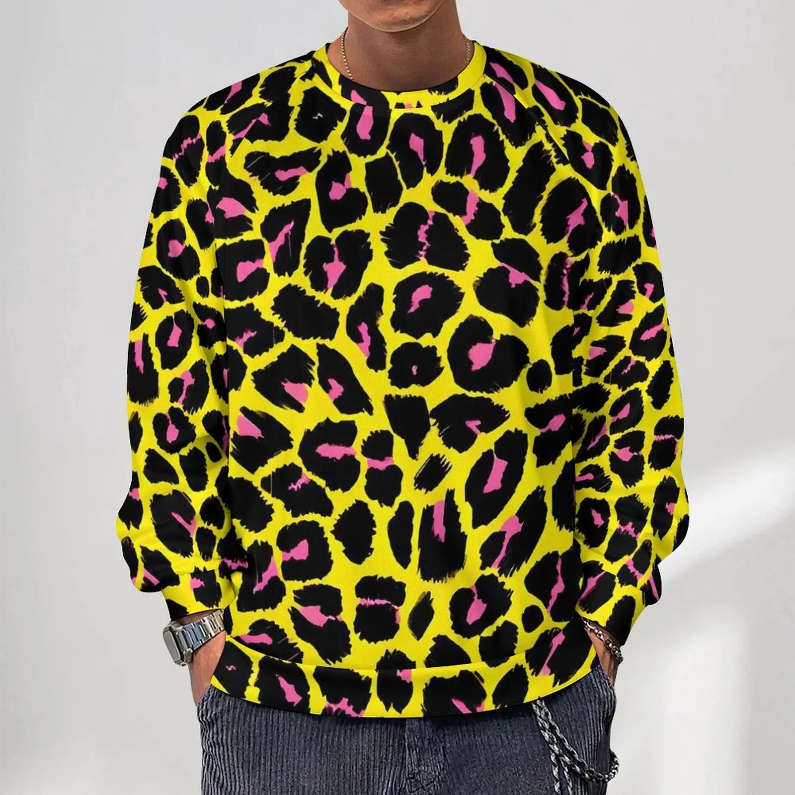 Leopard Print Streetwear Sweatshirts Autumn Yellow Pink and Black Harajuku Hoodies Male Oversize Loose Design O Neck Hoodie