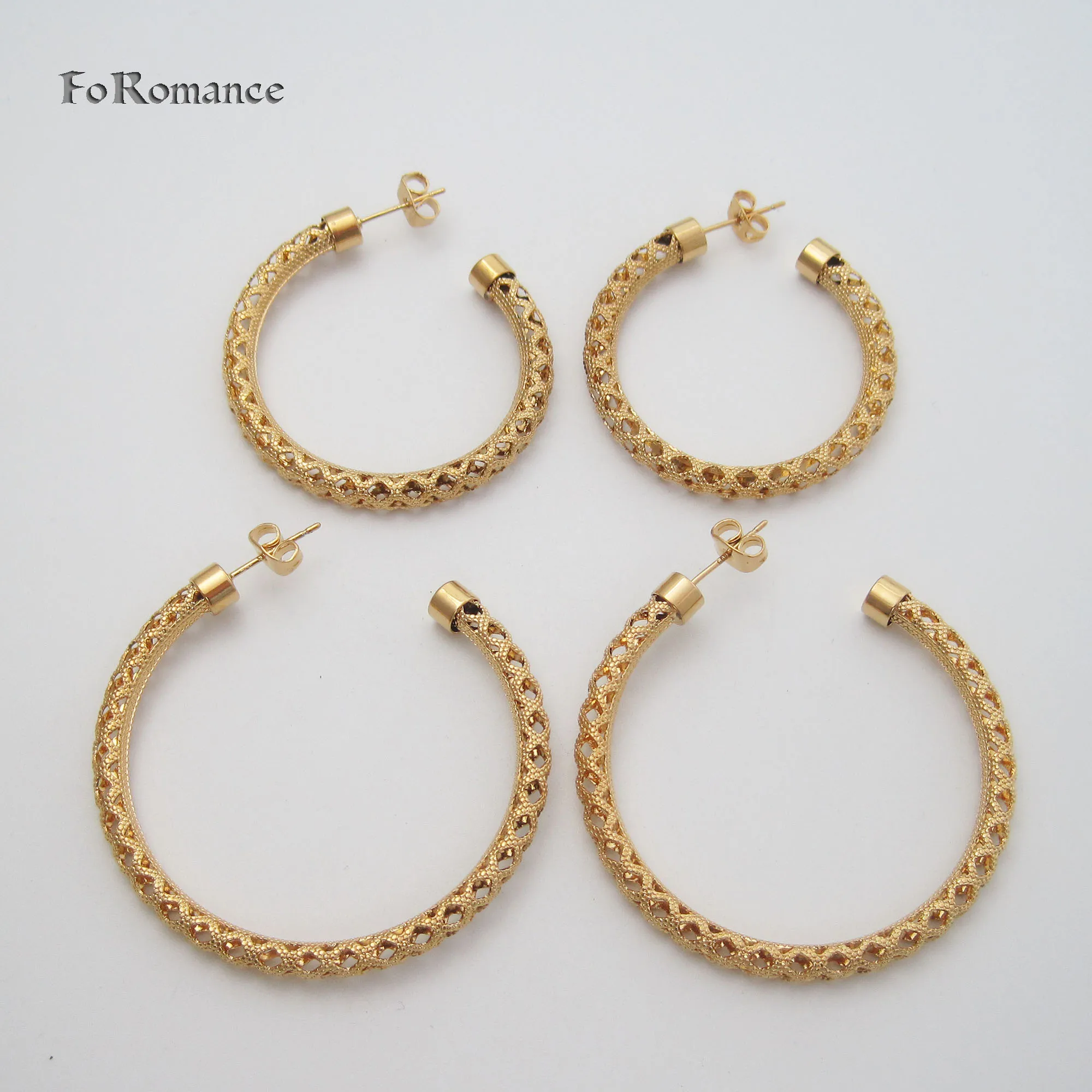 2 SIZES YELLOW GOLD PLATED SNAKE SKIN PATTERN HOLLOW BAND WIDTH 4MM STUD HOOP 40MM 48MM EARRING GREAT GIFT