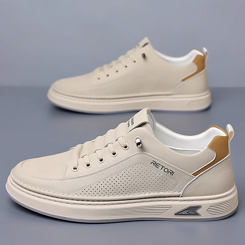 2024 Shoes for Men Genuine Leather Casual Shoes Fashion Breathable Flat Skateboard Shoes Youth Slip-on Sneaker