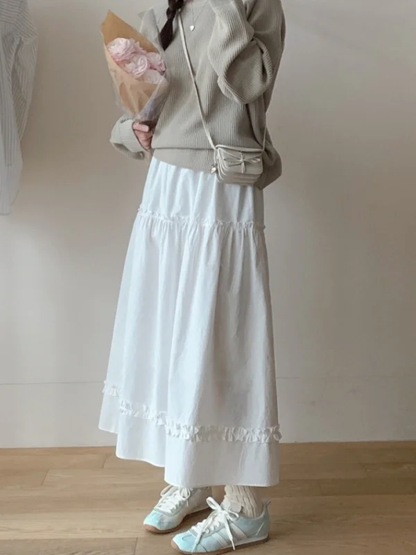Mystical  Love Story Midi Skirt with Wood Grain  Embellishment Atmosphere Pure White A-Line Skirt for Women