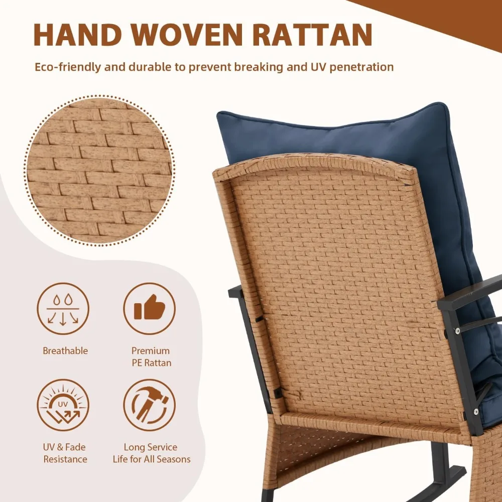 3-Piece Patio Furniture Set, Outdoor Rocking Chair with Thick Cushions and 2-Tier Coffee Table, Wicker Rocker Bistro Set for Po