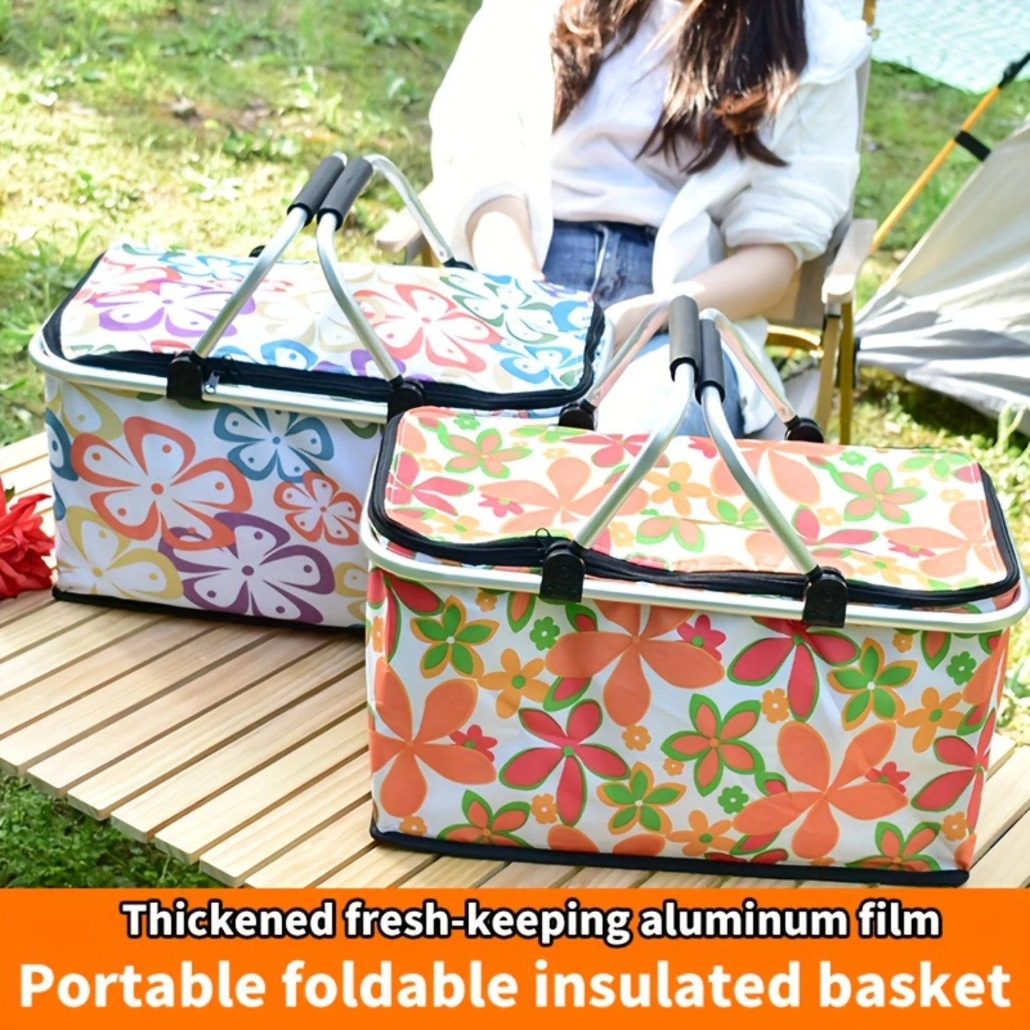 Nylon Fabric Insulated Picnic Basket - Normal Waterproof Foldable Cooler with Aluminum Frame and Thickened Fresh-keeping Film, P