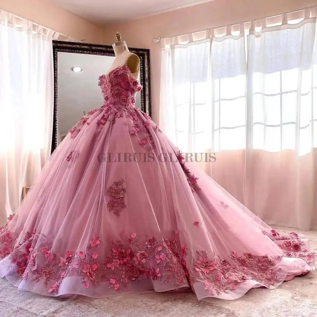   2022 Vestidos De quinceañera rosas Apliques 3D Rebordear Sweetheart Vestidos De baile De flores hechos a mano Vestidos De 15 Años