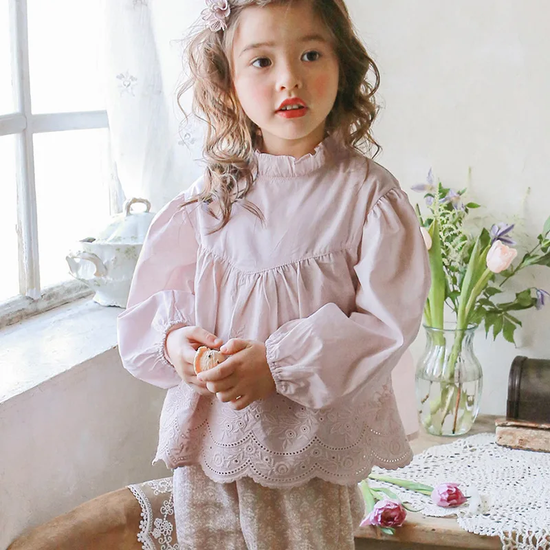 Autumn Girls Hollow Lace Loose Blouse Korean Ins New Baby Girl Ruffled Crew Neck Long-Sleeved Elegant And Cute Shirts