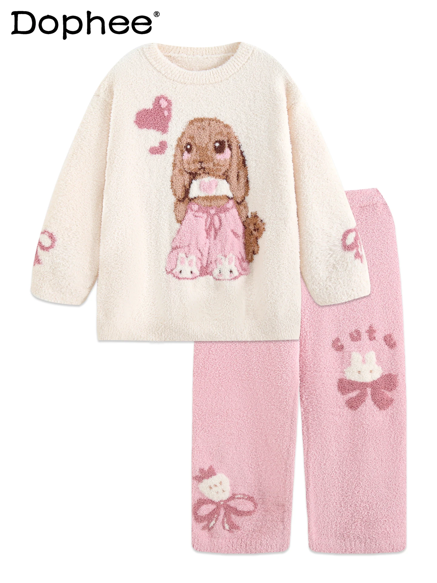 

Japanese Style Soft Cartoon Cute Rabbit Autumn Winter Women's Pajamas Fleece Lined Thin Fleece Thickened Coral Fleece Homewear