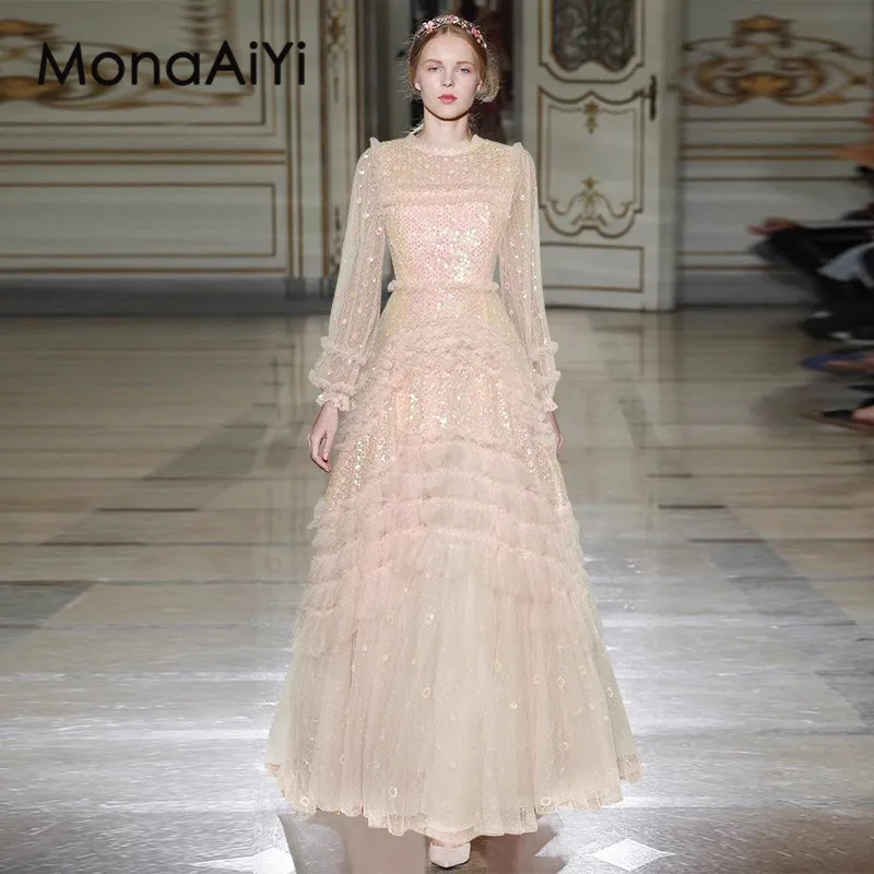 

MonaAiYi 2023 New Fashion Runway Designer Women's Lantern Long Sleeve Mesh Sequin Ruffle Edge Long And Fluffy Style Dress