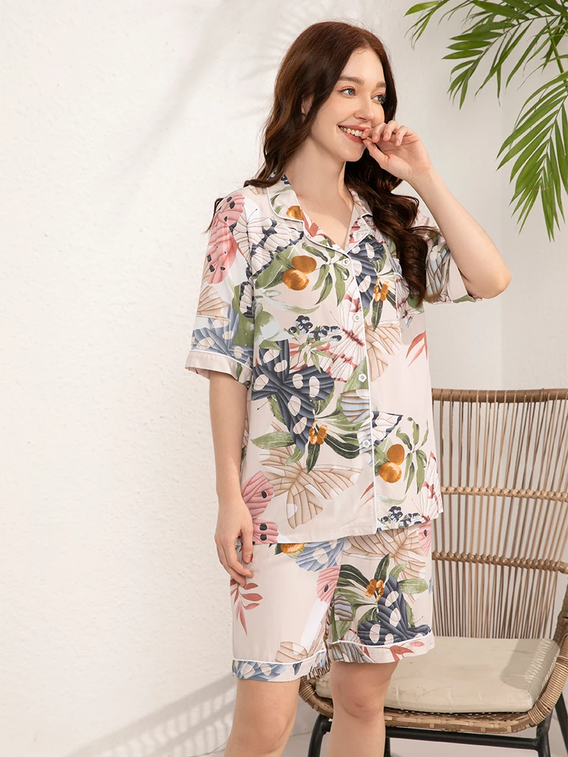 Women\'s 100% Viscose Plus Size S-3XL Sleepwear Short Pajama Set Loose Pants Lougewear Home Nightwear Pyjama Pour Femme