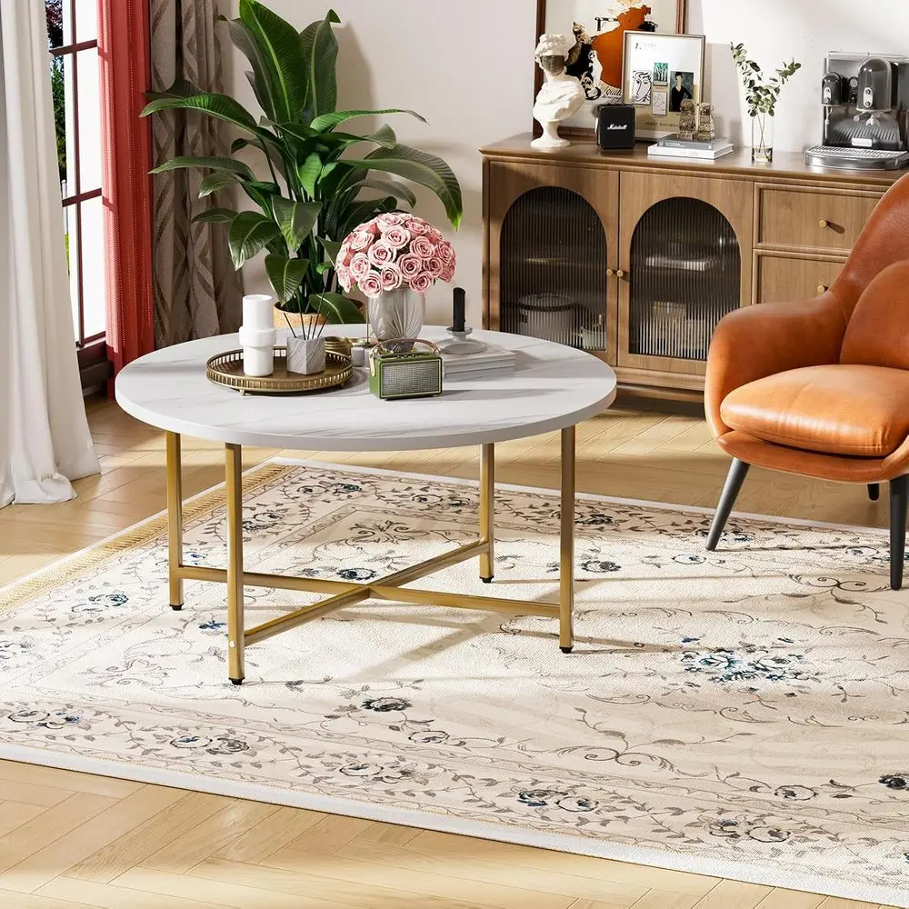 大きな白と金の丸いコーヒーテーブル、直径31.5インチ、高さ17.7インチ、リビングルーム、オフィス、パティオ、庭での使用に適しています。