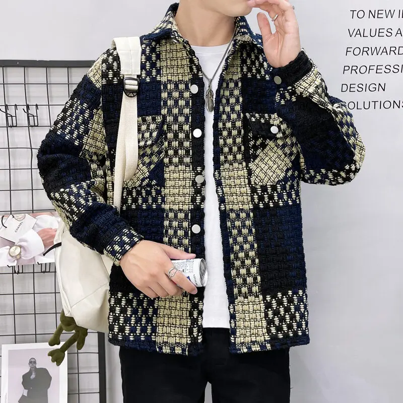 New Men's Thick Checkered Shirt Jacket for Spring 2025, Casual and Fashionable Street Wear, Single Breasted Slim Fit Shirt