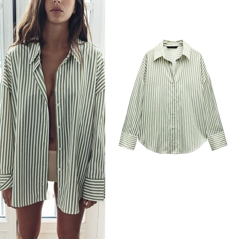 

Casual Loose Long Sve Striped Silk irt Spring Summer New Sle Faion Turn-down Collar Commute Polyester Fiber China Made