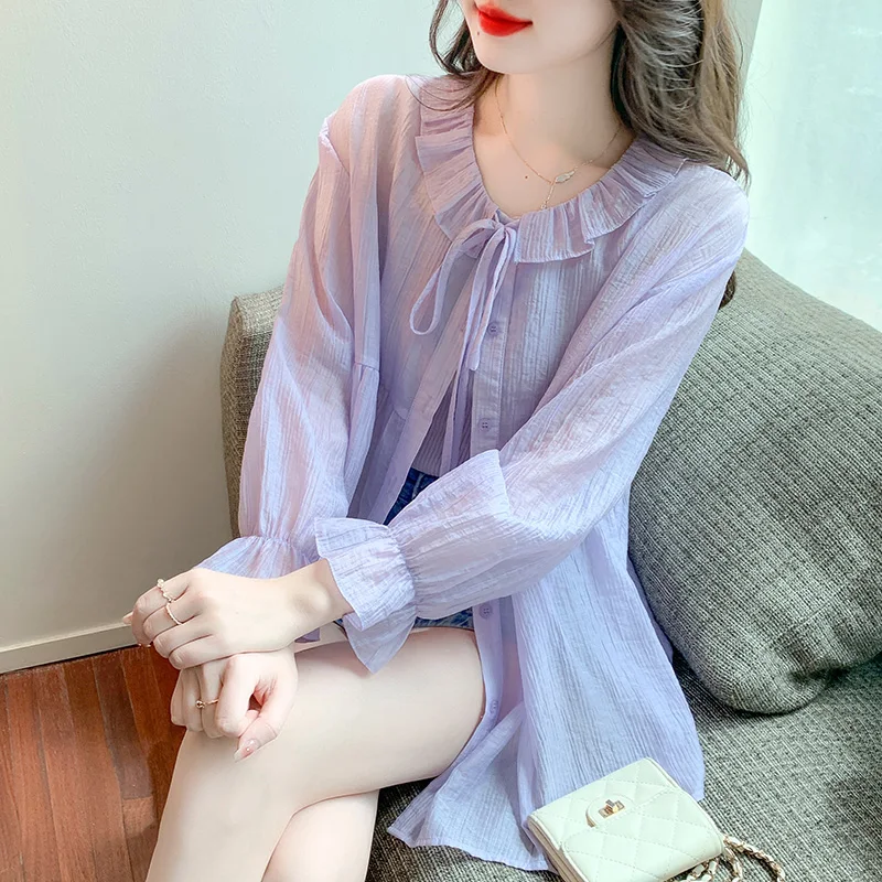 Korean Fashion Ruffle Tie Neck Purple Shirt Women Summer Trumpet Long Sleeve Cardigan Spring Summer Thin Coat Ladies Chiffon Top