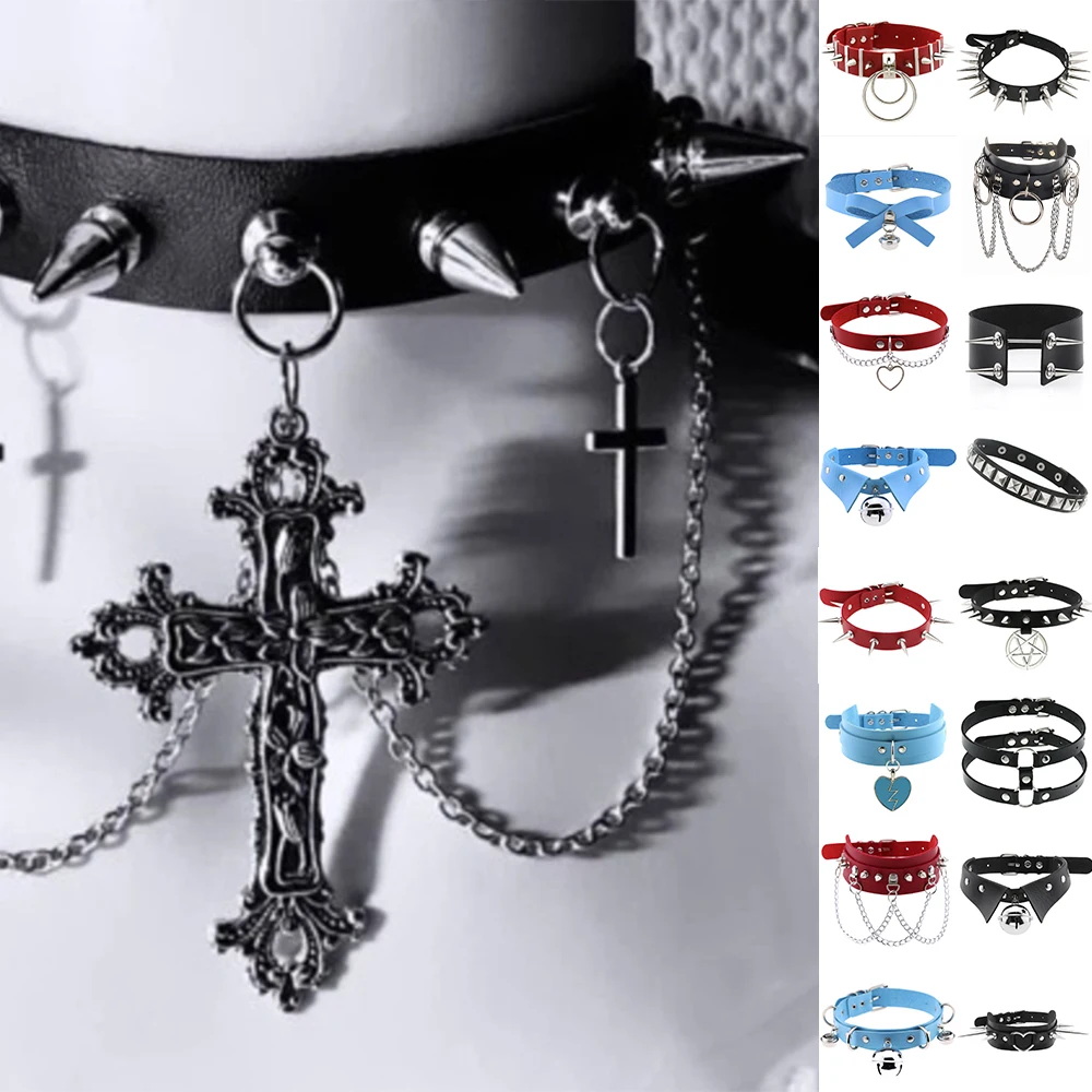 1Pc Punk Women Harajuku Heart Religion Cross PU Leather Choker Necklaces Punk Gothic Spike Rivet Collares Bell Torques Jewelry