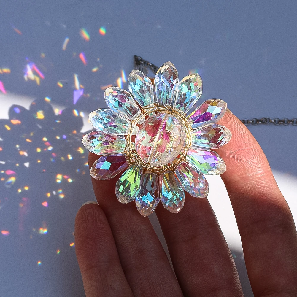 Sunflower Crystal Charms Sparkling Prism String Teardrop Sphere Suncatcher Garden Wedding Hanging Decora Pendants for Windows