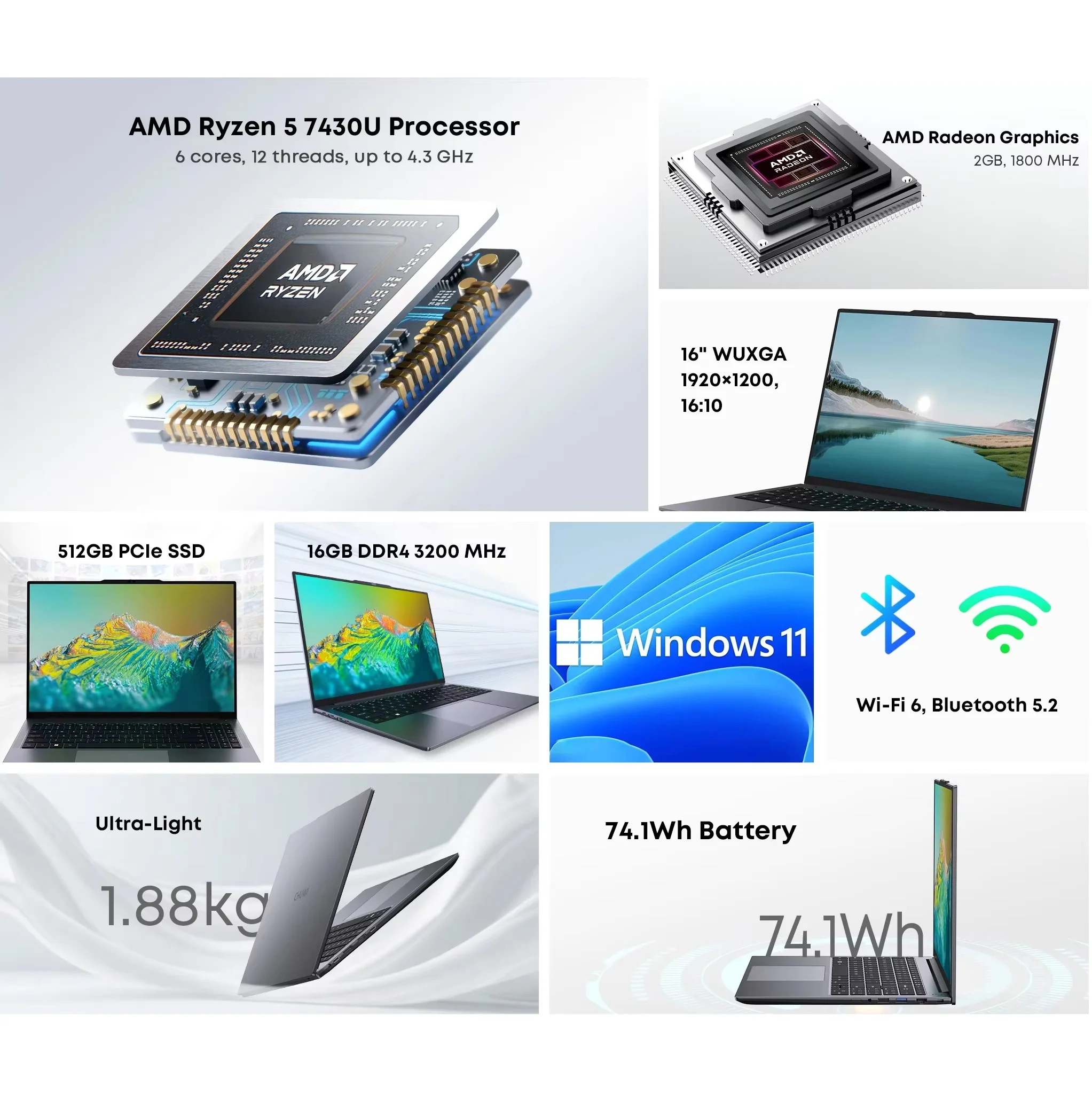 CHUWI CoreBook Plus كمبيوتر محمول AMD R5-7430U 16GB DDR4 RAM 512GB SSD 16 بوصة FHD شاشة 6 النوى كمبيوتر محمول للألعاب حتى 4.3 جيجا هرتز Windows11