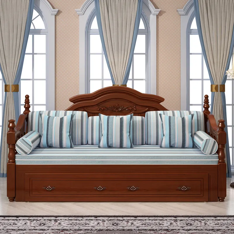 European solid wood sofa bed pine push-pull folding dual-purpose storage bed living room multi-functional bedroom storage