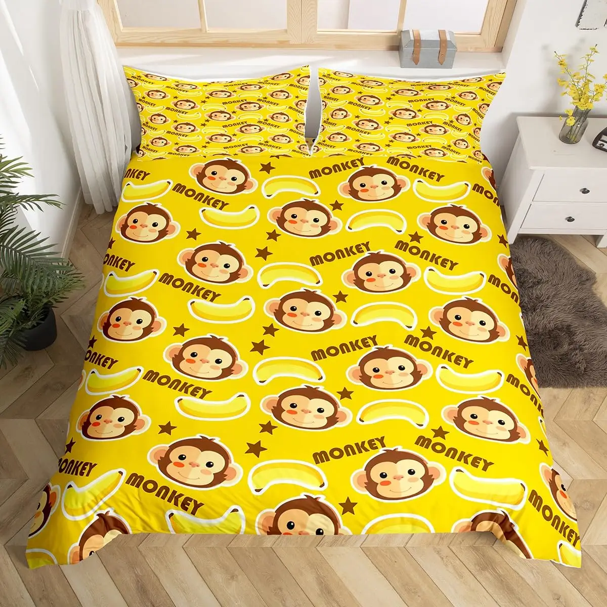Cute Monkey Bedding Set Full Twin Cartoon Banana Stars Duvet Cover Tropical Wild Animal Fruit Comforter Cover Yellow Quilt Cover