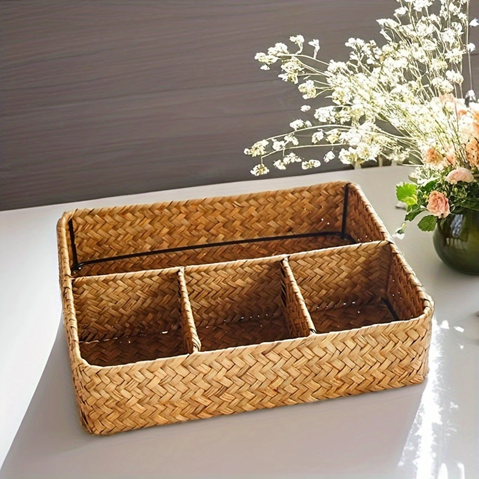 

Large Seagrass Storage Basket Desktop Sundry Organizer Cosmetic Storage for Home Office Dorm Storage