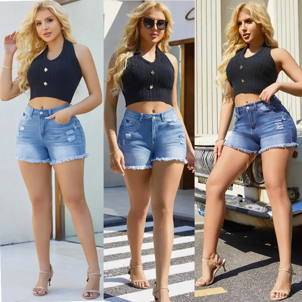 

Джинсы с высокой талией и рваными элементами для женщин, синие, из хлопка, прямой крой, с высокой эластичностью, весенняя коллекция