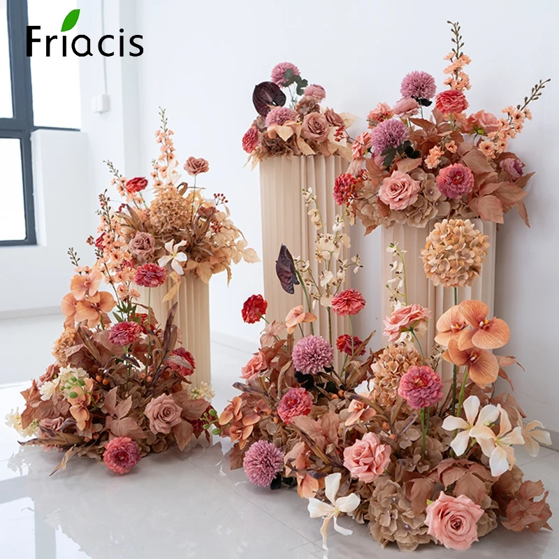 Fondo de boda arco colgar flor fila decoración café hojas marrones jacinto arreglo floral camino plomo bola Floral accesorios de bienvenida