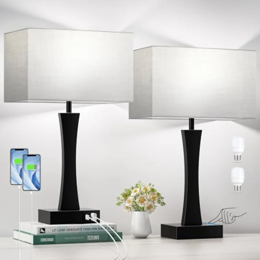 

Bedside Lamps for Night Stands - 3 Way Dimmable Table Lamp for Bedroom with USB C+A PortsModern Bedside Lamps Set of 2 Touch La