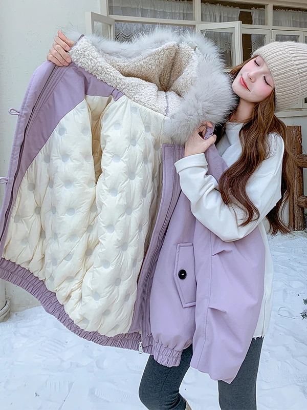 Casaco de Inverno Feminino com Gola de Pele Grande Roxa, Estilo Casual, Ajuste Solto, Comprimento Regular