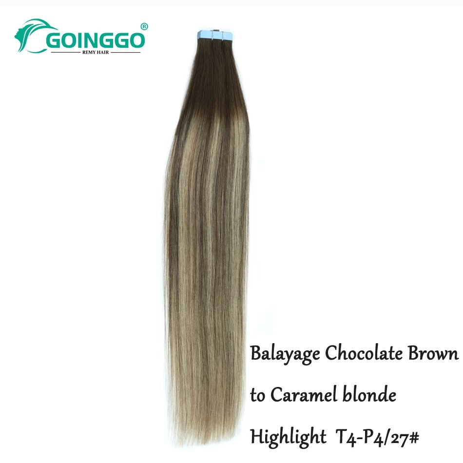 T4 4/27 Straight Tape In Human Hair Extensions Balayage Chocolate Brown To Caramel Blonde Tape In Extensions Human Hair 100gram