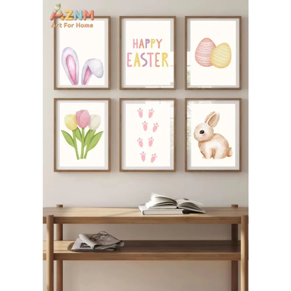 

1/6pcs Cute Bunny Easter Quote Canvas Wall Art Modern Home Decor Featuring Bunny Footprints Egg & Flowers