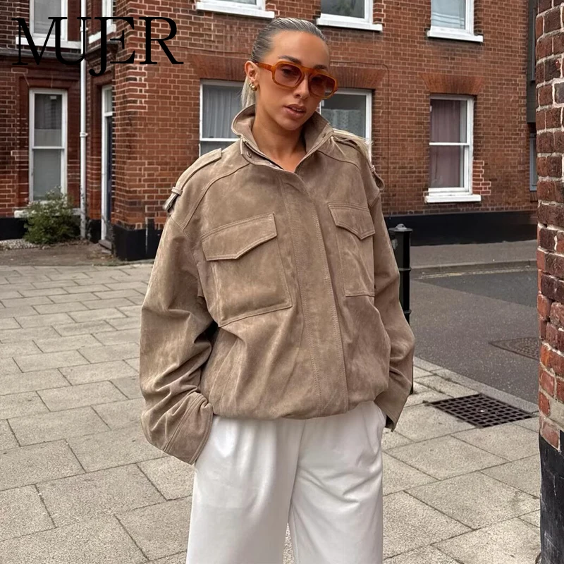 

MUJER Suede Bomber Jacket Woman Oversized Demi-season Jackets for Women Outerwears Winter Overcoat Female Zip Women's Jackets