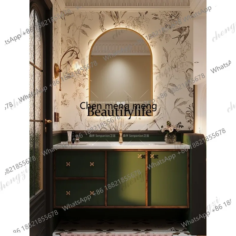 03A French medieval color matching bathroom cabinet ceramic integrated basin toilet hand wash basin cabinet combination