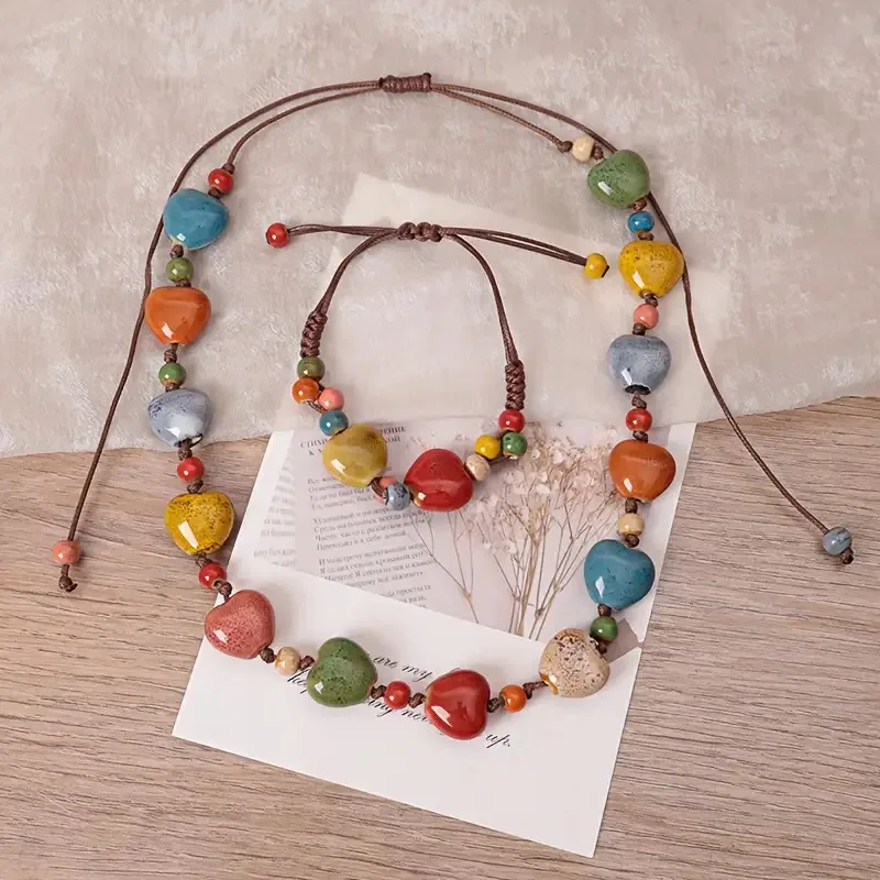 2Pieces, One Necklace and One Bracelet, Ceramic Dopamine Necklace, Handicrafts, Ceramic Necklace, Handmade Colorful Beads, Adjus