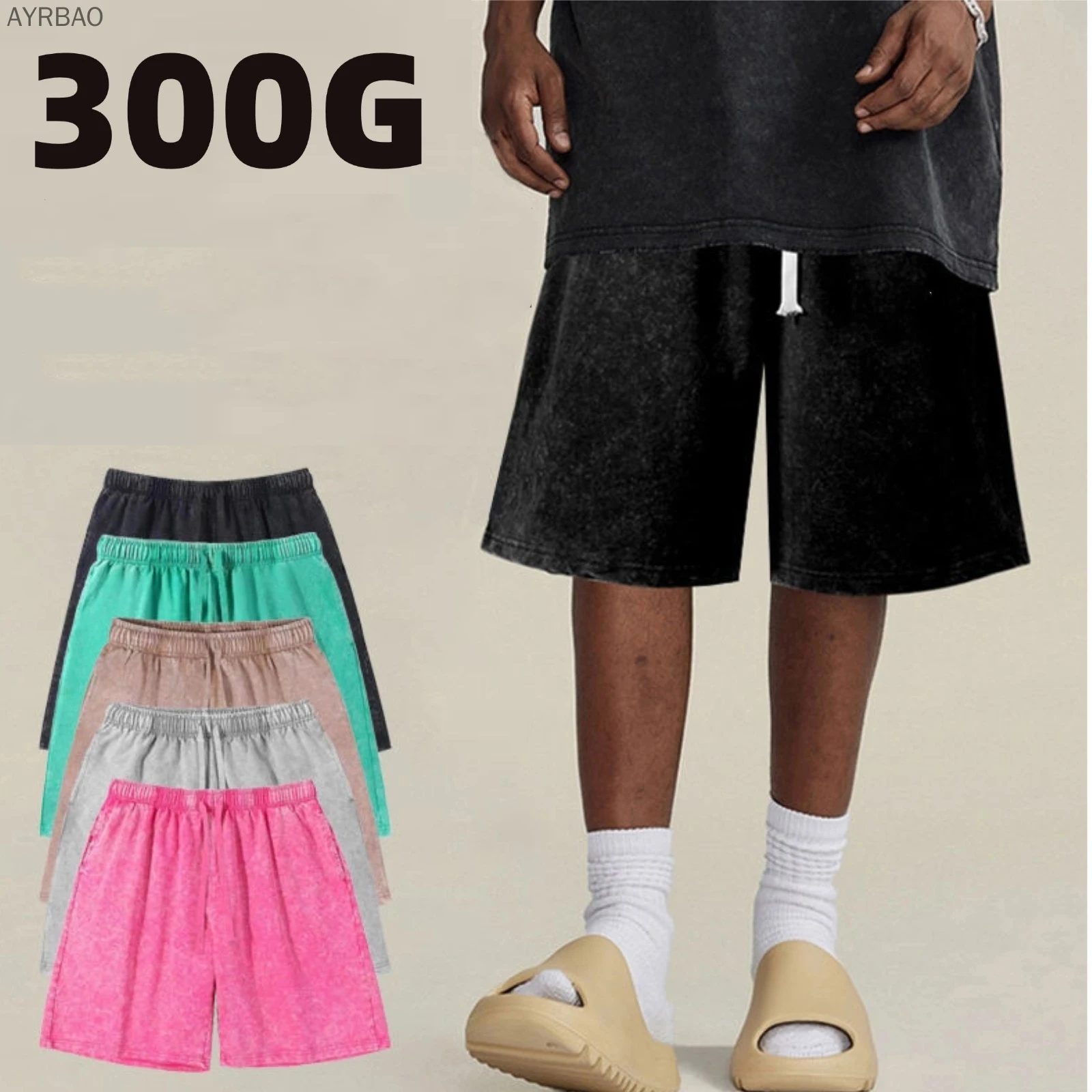 

Мужские винтажные шорты с эффектом потертости, 300 г, из плотного хлопка, свободного кроя, в американском уличном стиле, повседневные, летние