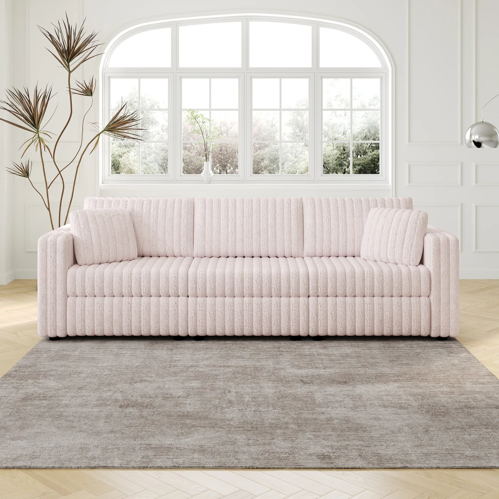 

《106.3" Soft Modular 3-Person Sofa: Comfortable & Distinctive Design, Ideal for Bedroom/Living, Light Pink Plush》