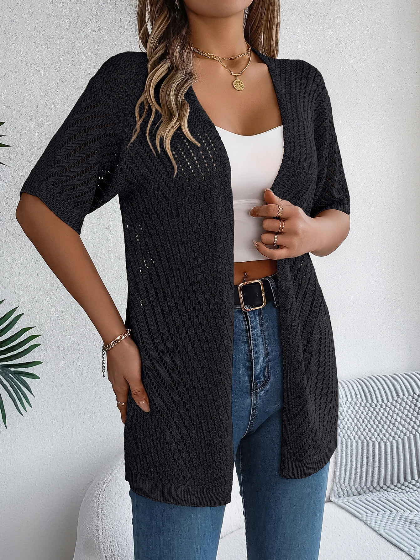 Spring Summer Knitted Cardigan Casual Hollow Out Sun Proof Tops for Women