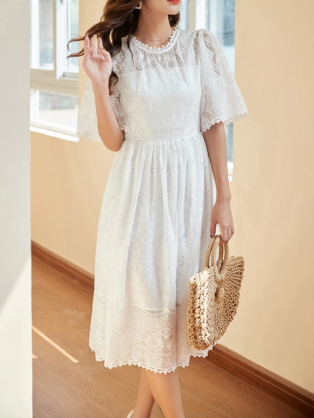 Jastie – robe Boho en dentelle brodée, élégante, mi-longue, col rond, manches courtes, taille haute, décontractée, vacances, plage