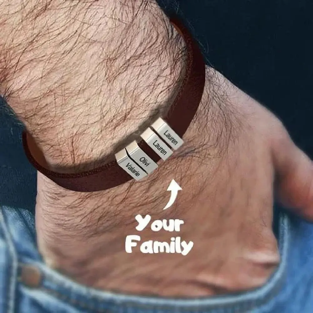 

Customized Men Family Names Engraved Bracelet Stainless Steel Personalized Beads Leather Bangle Father's Day Gifts Jewelry