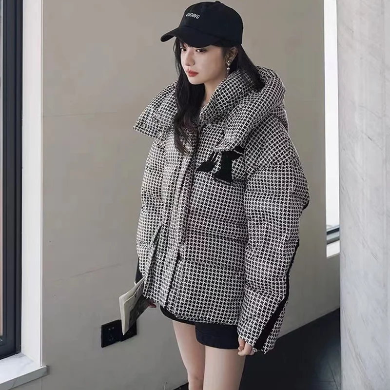 Winter Women\'s White Duck Down Plaid Casual Down Jacket Fashion Thin Loose Coat Thickened Warm Women\'s Down Jacket Cotton Coat