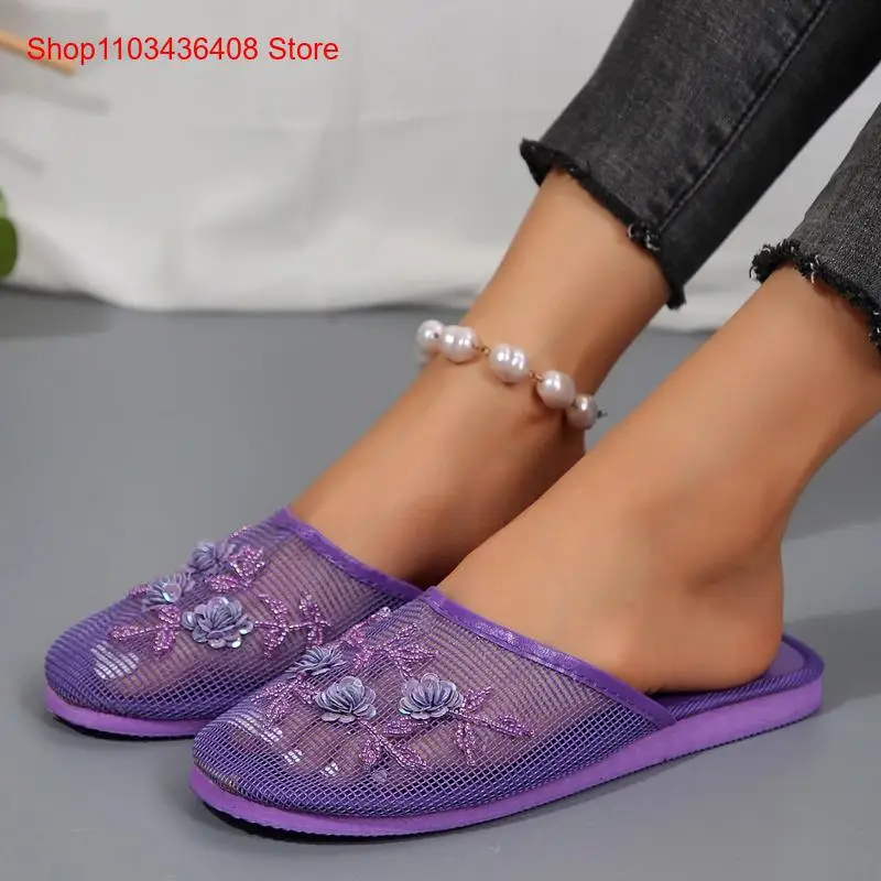 Baotou-Pantoufles en cristal floral pour femmes, chaussures plates en maille, nouvelle collection, offre spéciale