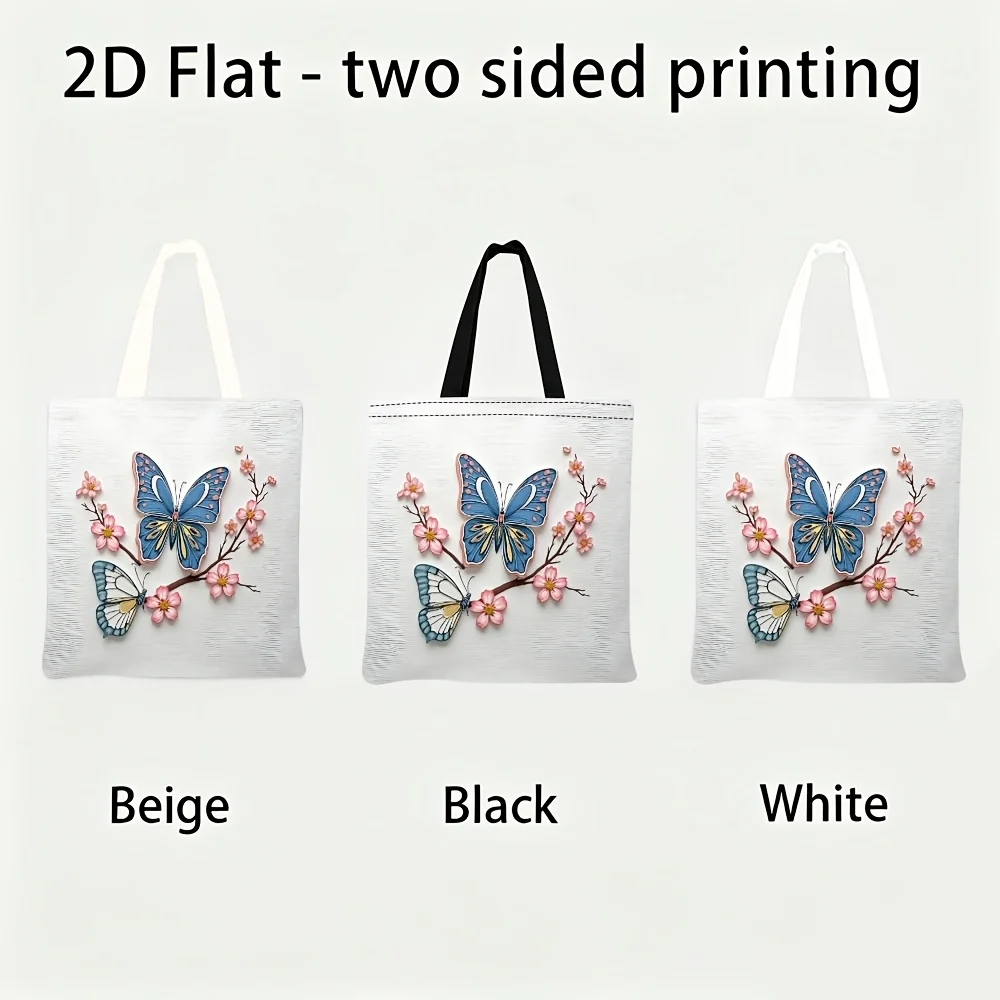 1pc Tote Bag, 2D Flat Printing, Double-Sided, 35X40Cm, Pretty Butterfly-Blossom Print, Butterfly And Blossoms Nature Style, Natu