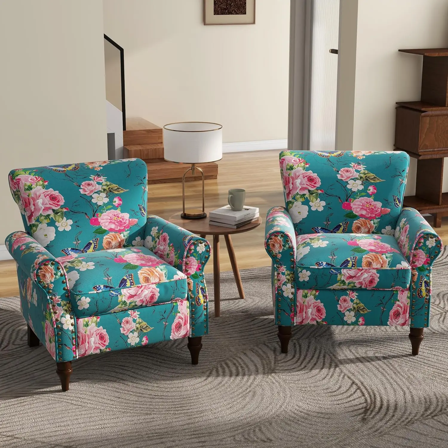 

Floral Pattern Accent Chairs Set Of 2, Modern Club Arm Chair Nailhead Trim Living Room Upholstered Armchair, Comfy Single Sofa
