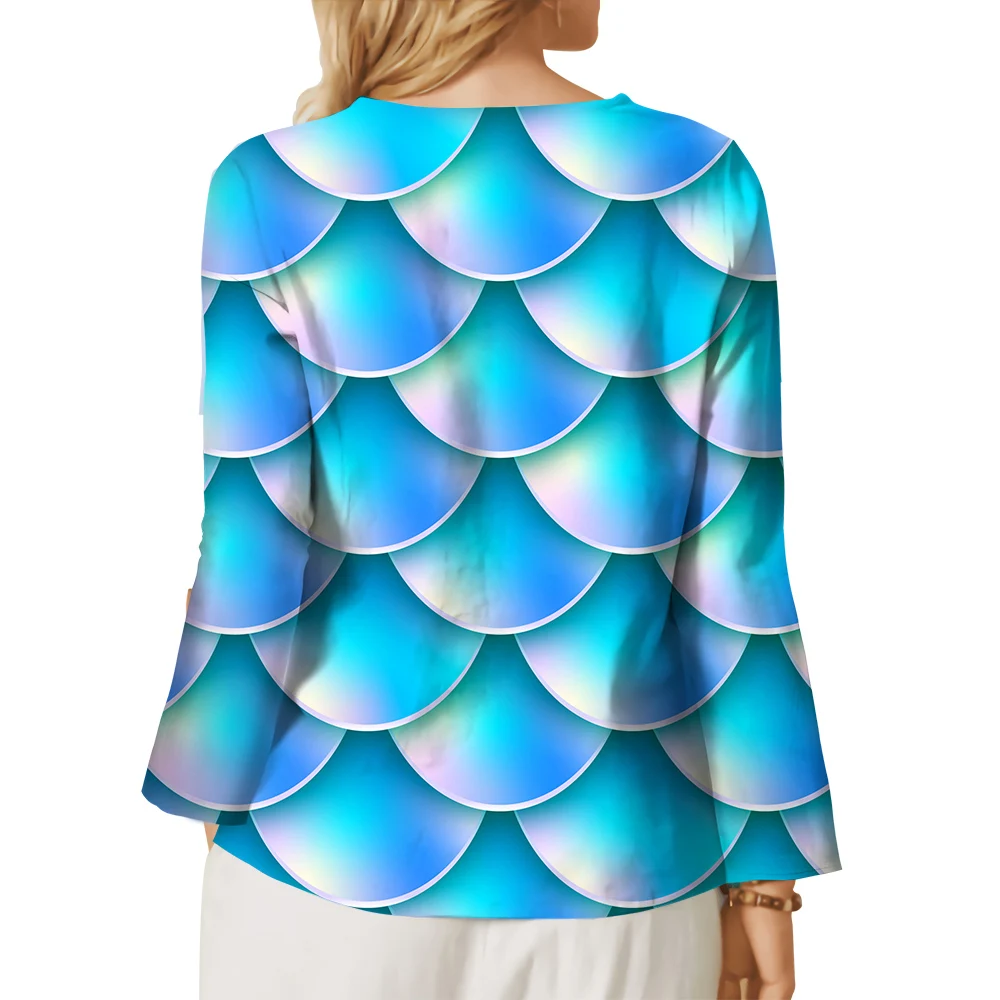 CLOOCL New Women T-shirt Fashion Blue Fish Scales Pattern 3D Printed Long Sleeve Shirt Button Decorate Tee Female Elegant Tops