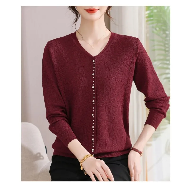 Nuova moda autunnale Base Top lavorato a maglia con scollo a V maniche lunghe con perline per maglione versatile da donna