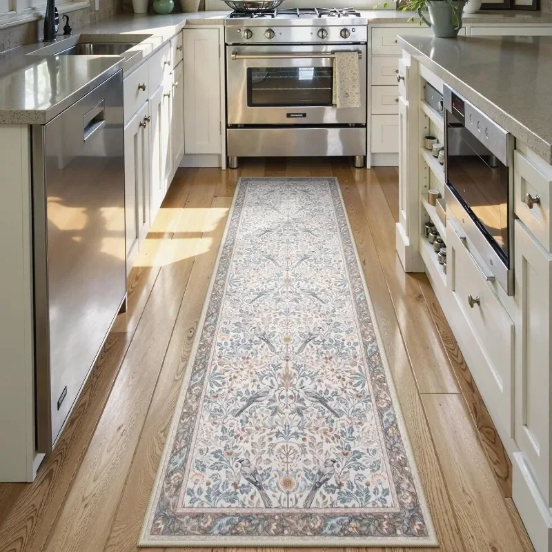 Victorian Retro Bird Floral Runner Rug Light Beige Background Soft Pastel Color Ideal For Vintage Themed Home Hallway Decor