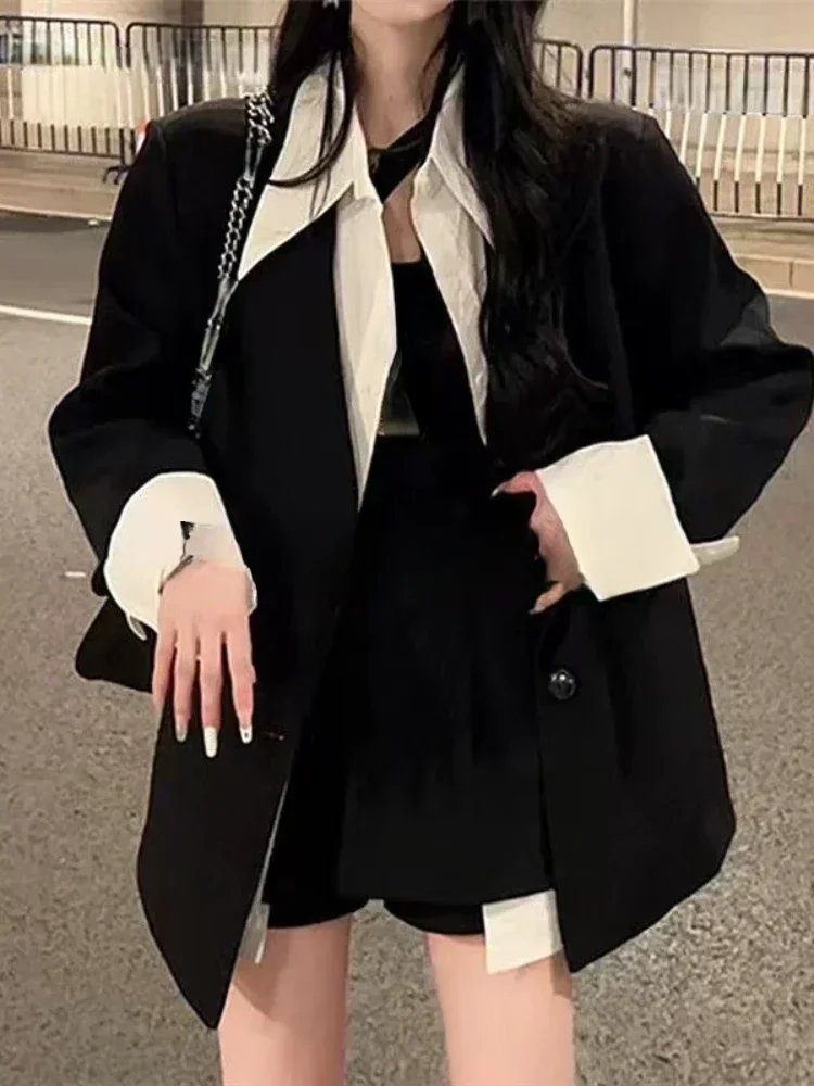 Summer 2024 New Fake Two Piece Suit Jacket Top Half Skirt Shorts Wide Leg Short Pants Two Piece Set Y2k Black Blazers Shirts