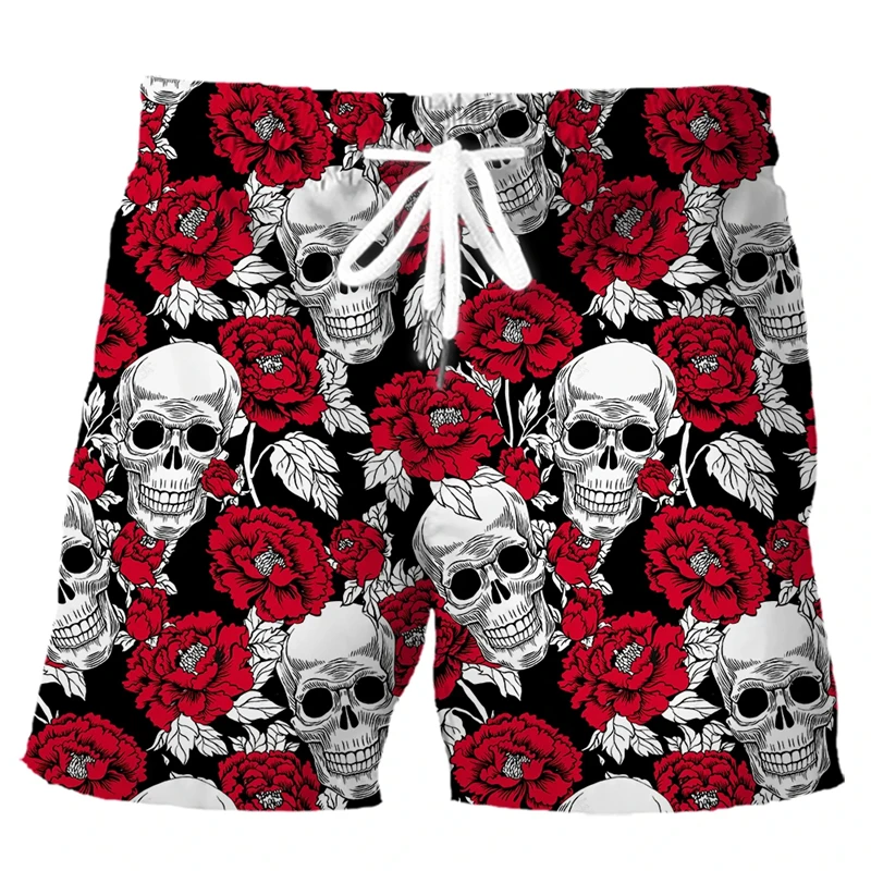 Shorts de plage gothiques 3D pour hommes, motif crâne et rose, shorts de bain décontractés, shorts de rue, vacances amusantes, shorts de surf, mode