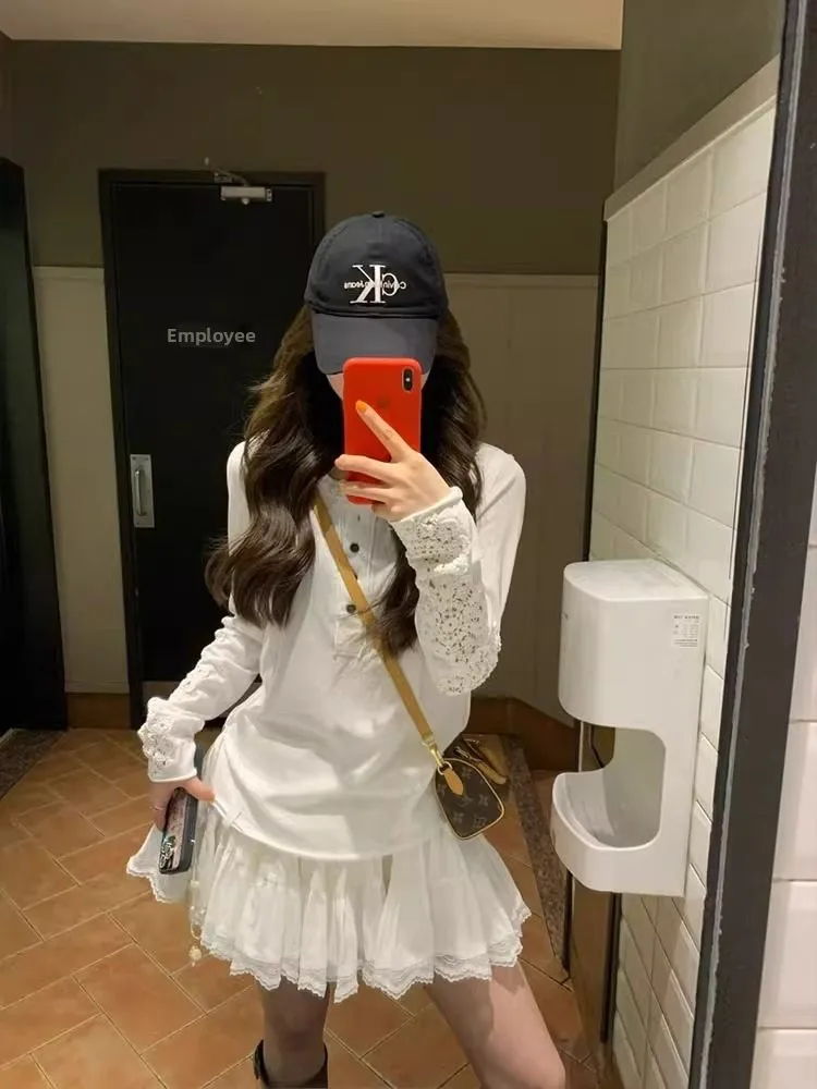 Korean Style Lace Hollow out Long Sleeve T-Shirt Women's Spring Lazy Style Meat Concealing Slimming Fashionable Top